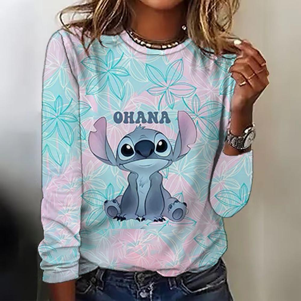 New women's round neck T-shirt long sleeved top Disney Christmas Stitch print fashionable and trendy women's T-shirt top for aut