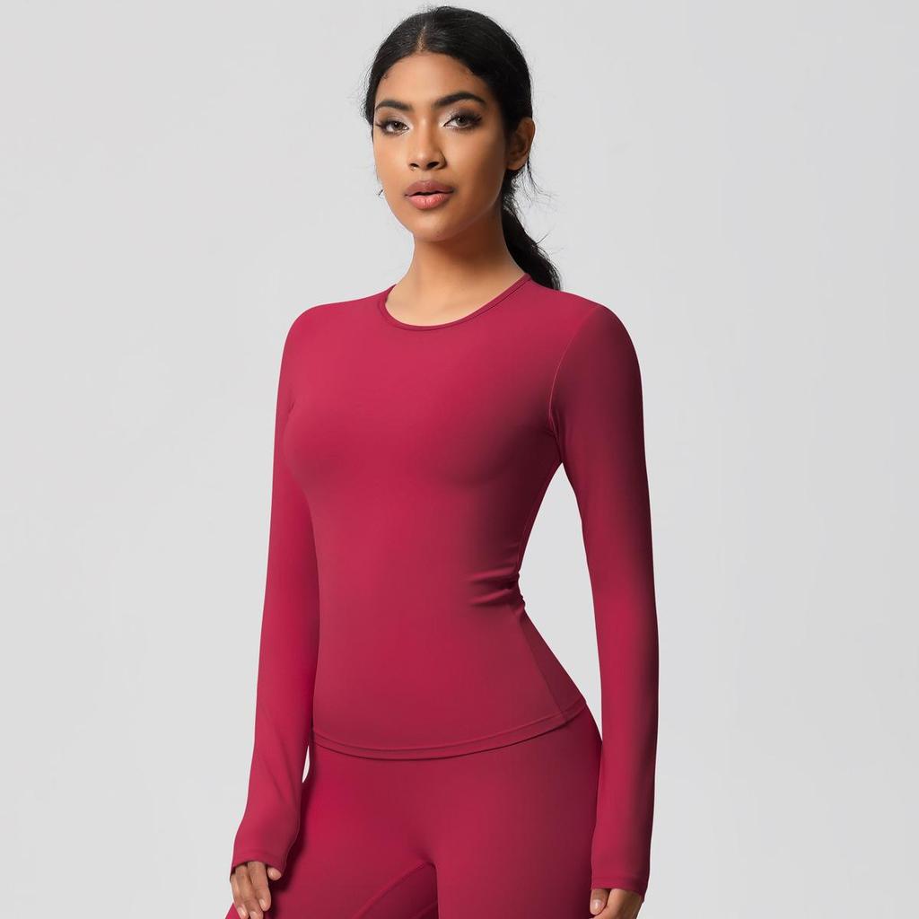 European-American Slim Fit Long Sleeve Yoga Top - Nude, Brushed Feel, Round Neck, High-Intensity Running & Fitness Wear