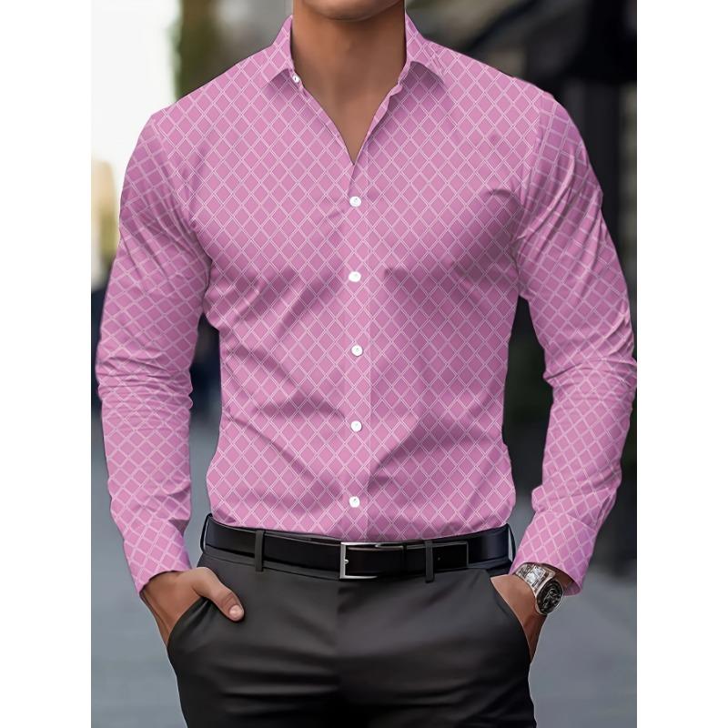Men's Geometric Pattern Print Lapel Collar Design Dress Shirts, Long Sleeve shirt Casual Button Up Shirt For Formal Occasions