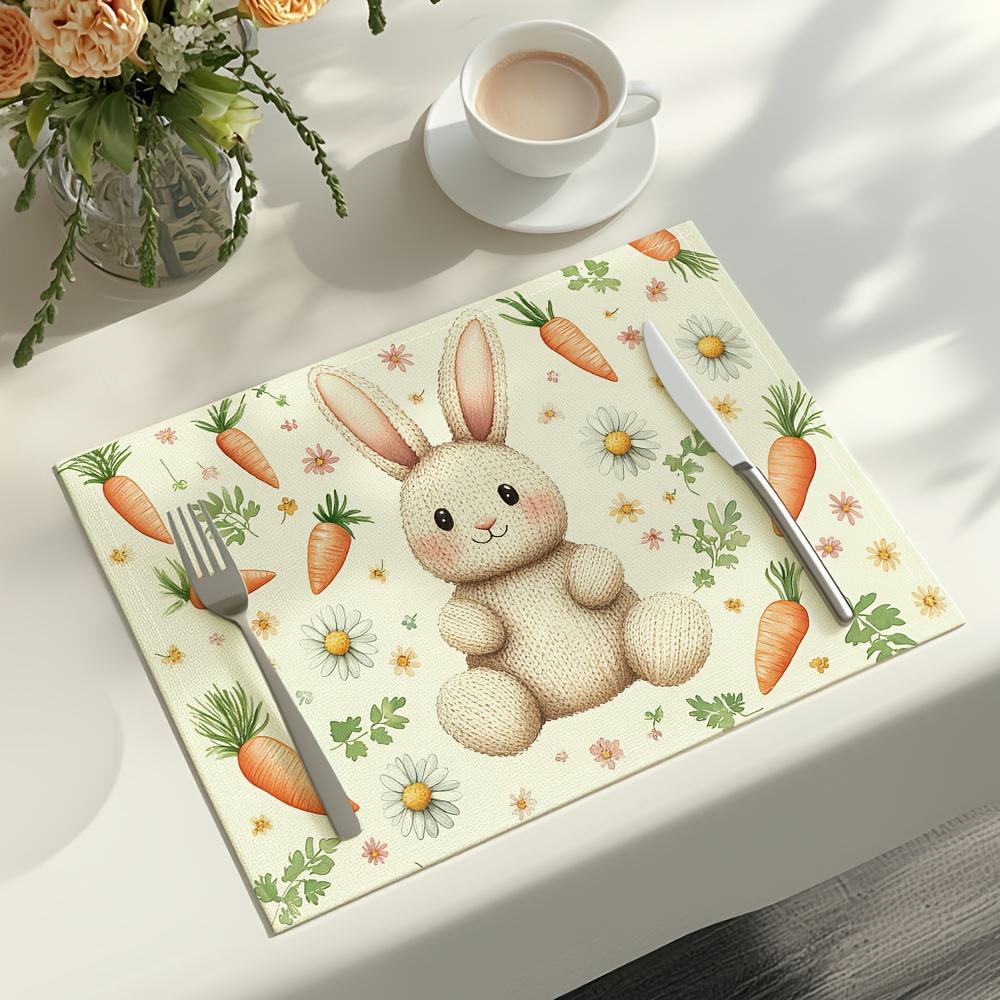 

6 шт. Милые салфетки с принтом кролика, морковки и ромашки - Моющиеся льняные подставки под тарелки с пастельным цветочным дизайном 6PC 30X45cm