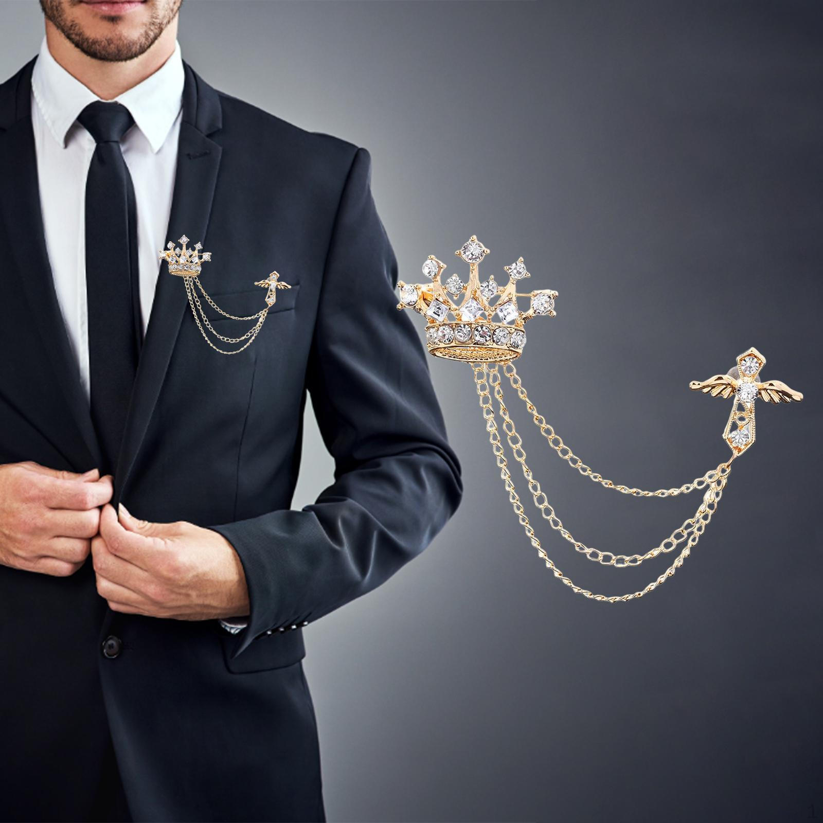 Men s Crown Brooch Hanging Chains Lapel Pin Accessories Jewelry Rhinestone Fashion for Scarf Hat Aureate