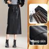 Elegant Slimming Mid-Length Lambskin Skirt with Slit for Women - Fashionable High-End Casual Style