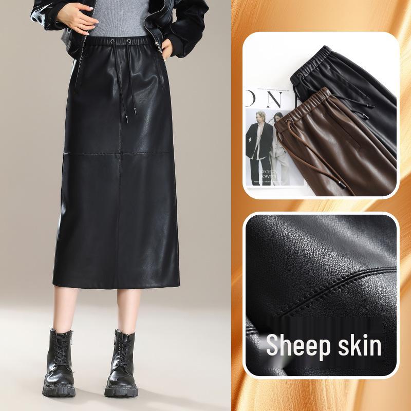 Elegant Slimming Mid-Length Lambskin Skirt with Slit for Women - Fashionable High-End Casual Style