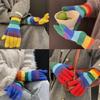 Winter Full Finger Knit Mitten with Rainbow Color Striped Gloves for Adult Teens