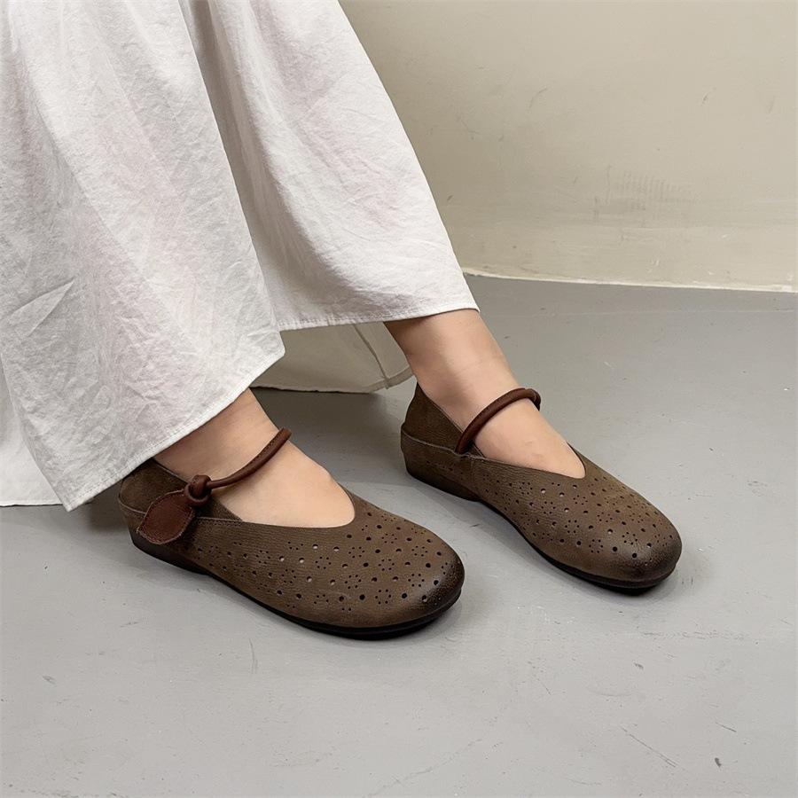 Johnature Breathable Genuine Leather Soft Soled Women's Shoes Summer New Retro Hollow-out Flat Sandals