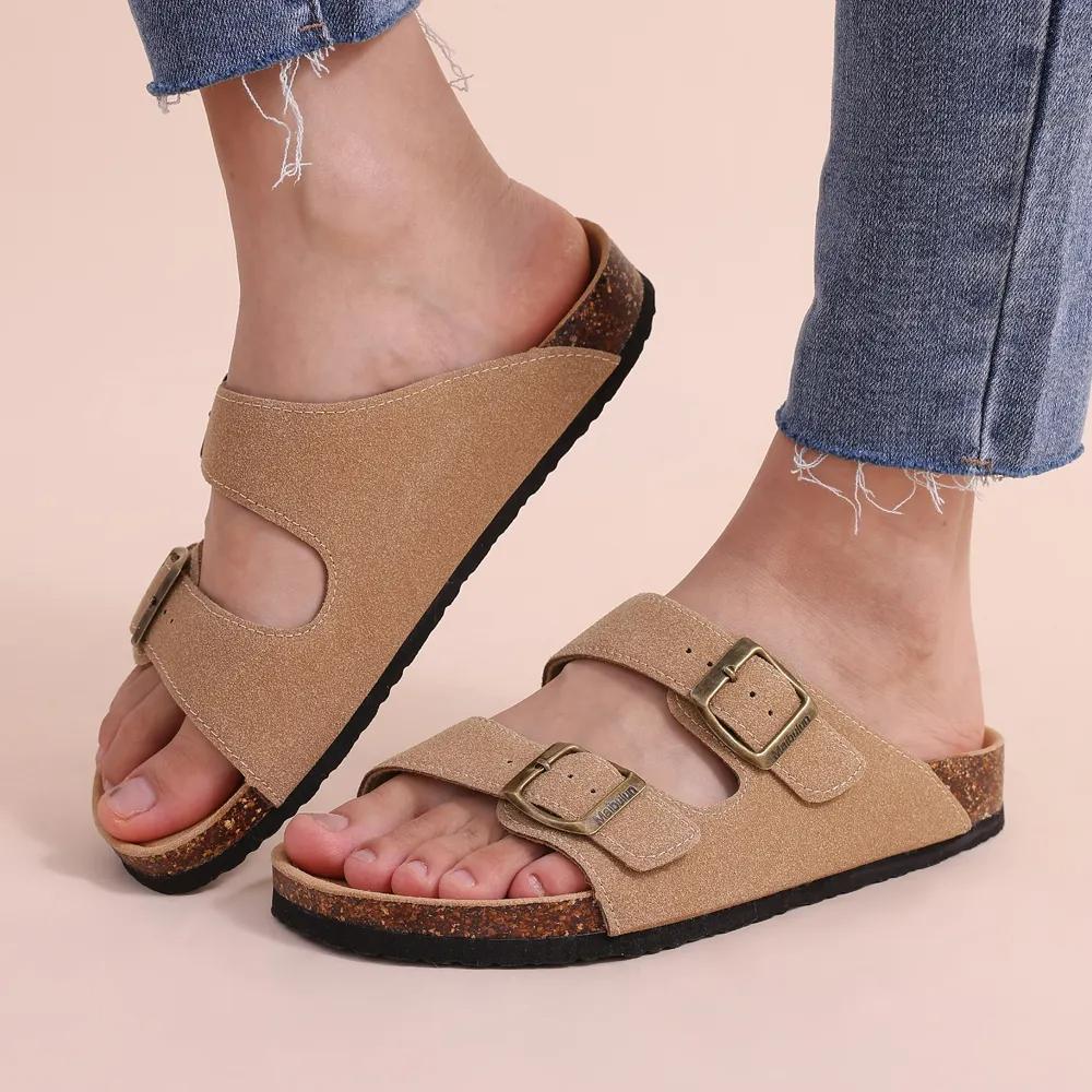 Fashion Shevalues Women's Flat Sandals Cork Footbed Suede Mules Slides With Arch Support Summer Comfort Beach Shoes Female House Slipper