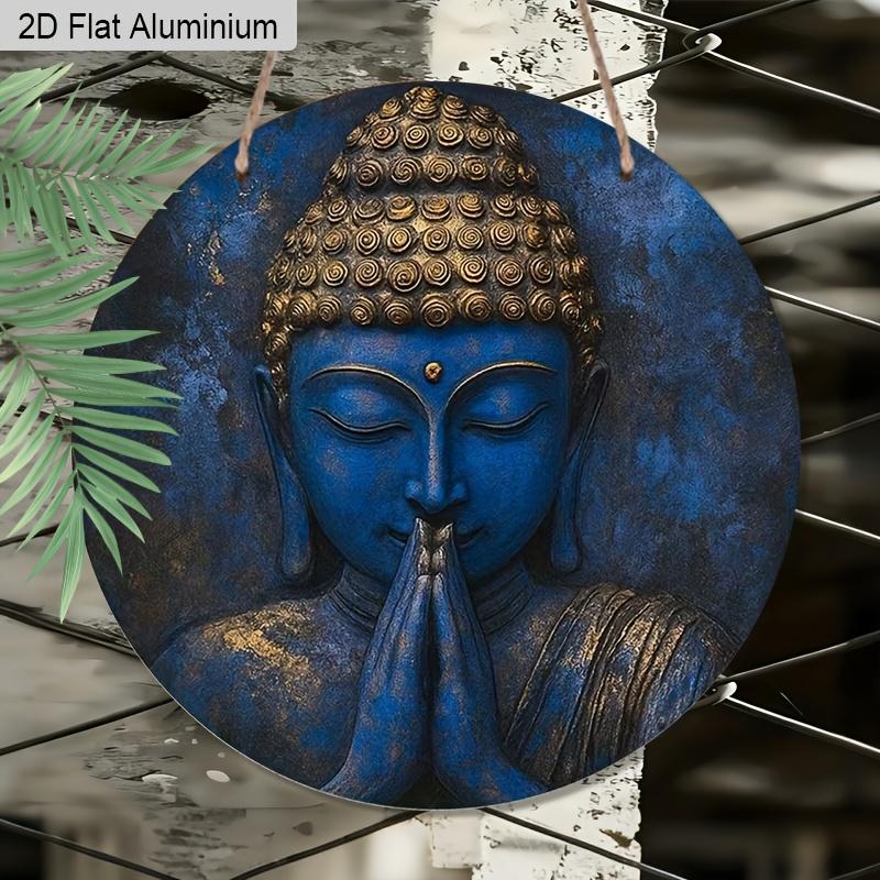 2D Flat Aluminum Vintage Blue Zen Buddha Putuo Round Metal Sign, Man Cave Wall Art Sign for Front Door, Zen Garden Accessories & Meditation Room