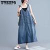 WTEMPO Women Cheap Blue Denim Dress Female V-Neck Summer Solid Casual Vintage Sleeveless Big Pockets Loose Retro Jeans Dresses