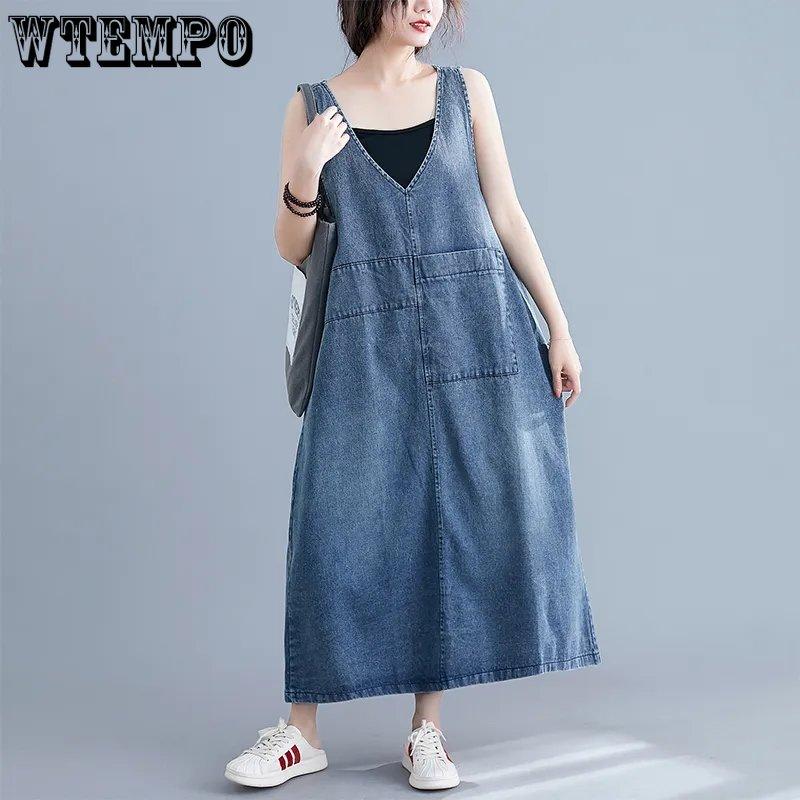 WTEMPO Women Cheap Blue Denim Dress Female V-Neck Summer Solid Casual Vintage Sleeveless Big Pockets Loose Retro Jeans Dresses