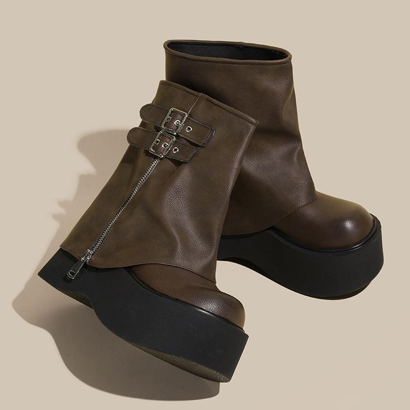 

Small thick-soled trouser boots women s niche design side zipper Martin boots retro heightening short boots small size 333 36 коричневый
