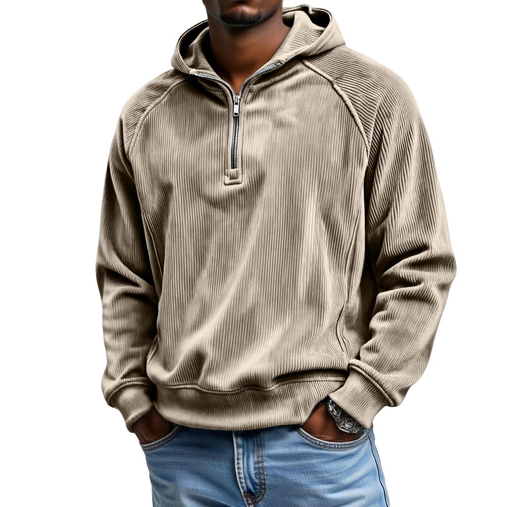 Men's  Leisure  Corduroy  Shoulder  Insertion  Half   Zipper  Hooded  Hood  Hoodie