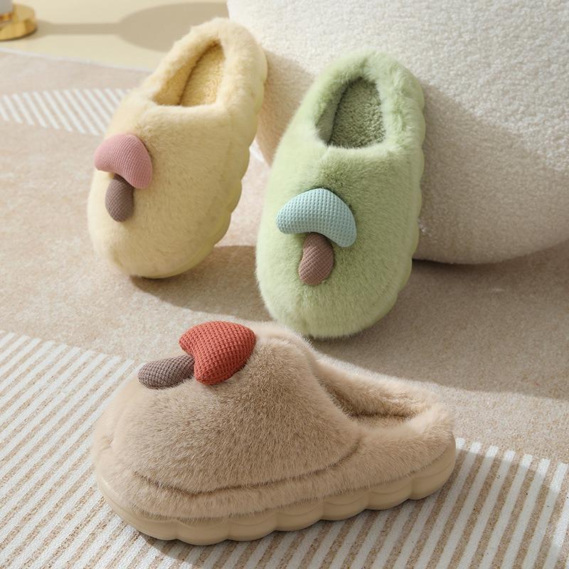 Thick-bottomed autumn and winter original mushroom cotton slippers female couple indoor non-slip parent-child household v fluffy slippers