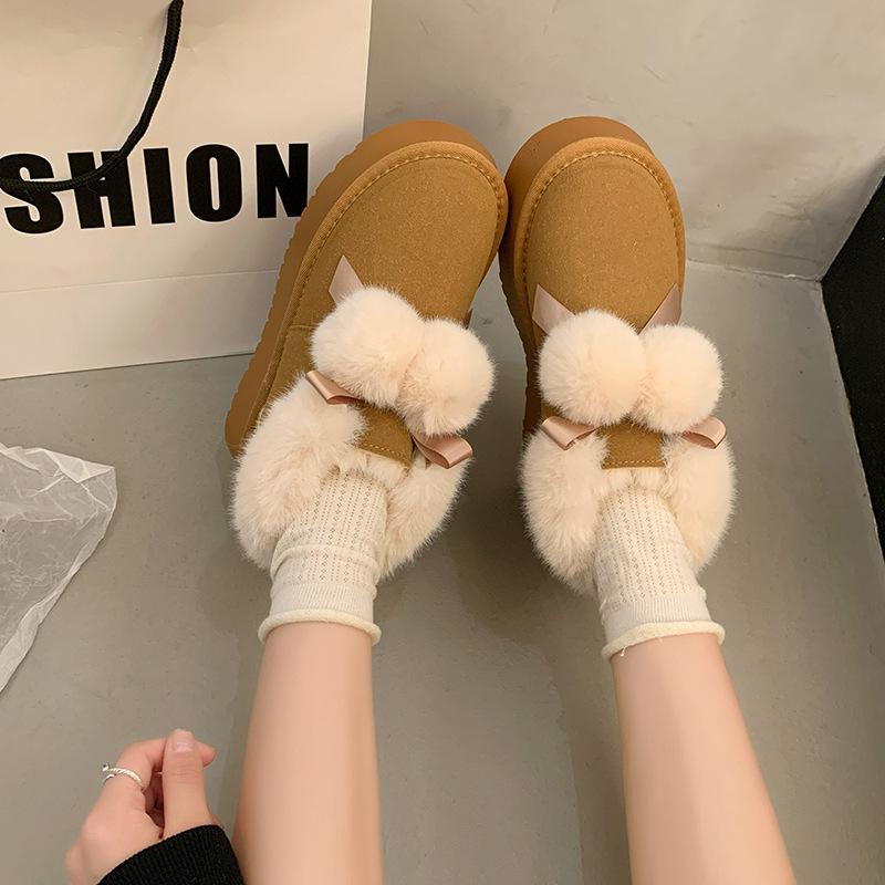 Women's Fashion Lightweight Cute Fur Ball a Foot Stirrup Thick Bottom Winter Warm Snow Boots Fur Integrated Non-slip Leisure Sports Cotton Boots