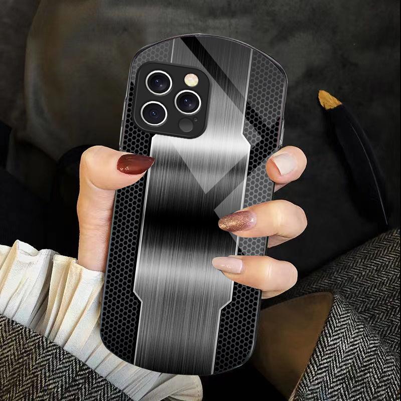 Mesh Metallic Black For IPhone 16 Pro Max 11 12 Mini 13 14 P Lus 15 Plus 7 8 Se 2020 X Xs Elliptical Tempered Glass Phone Case