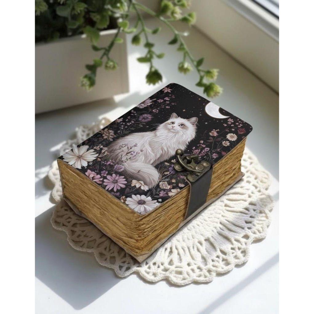 

Book of shadows leather journal, Print Cat Journal, Blank spell Grimoire Leather Celestial Halloween Gifts For Him Her 7 x 5 in - 200 Sheet