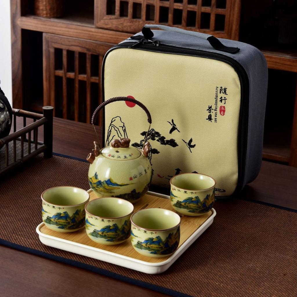 Chinesisches Kung Fu Reise-Set, Ru-Yao Tragbares Tee-Set für Reisen im Freien, Enthält eine Kanne und vier Tassen, Geeignet für den Heimgebrauch