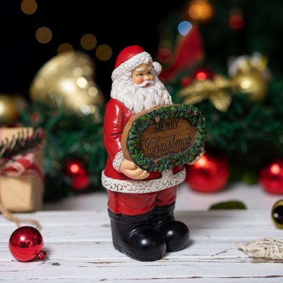 Merry Christmas Decoration Santa Claus Resin Statue for Holiday Home Display Festive Holding Sign Ornament for Shelf & Mantel