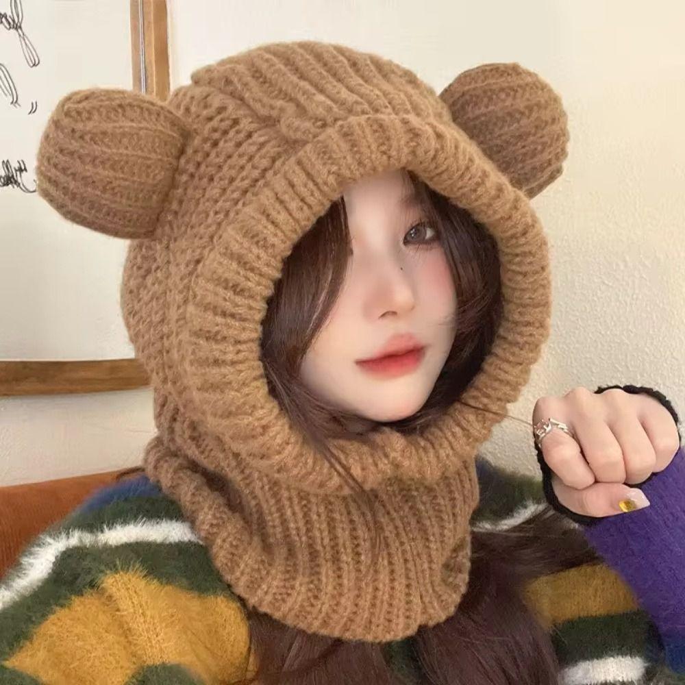 Solid Color Knitted Hooded Beanie Hat Bear Ear Ear Protection Scarf Hat  Winter/Autumn