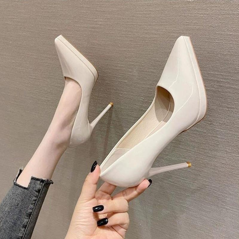 Pointed Temperament Waterproof Table Stiletto High Heels 2025 New Nude 11cm Internet Celebrity Sexy Patent Leather Single Shoes Women