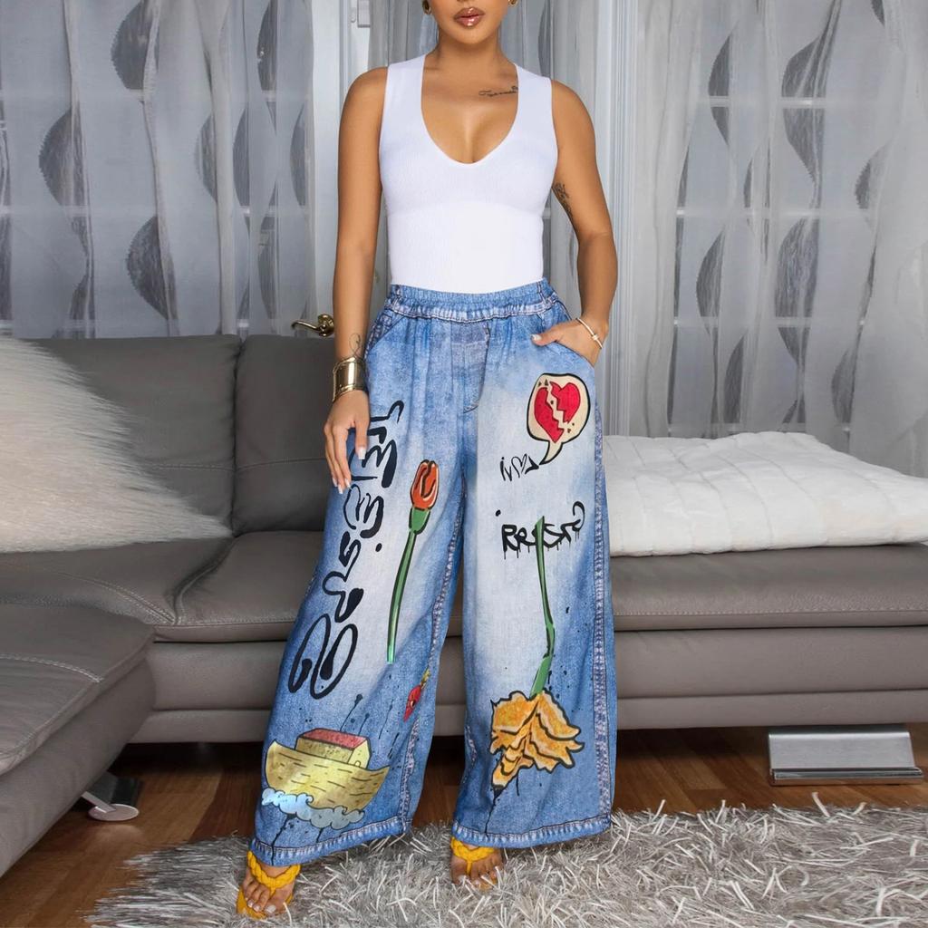 Jeans larghi casual stampati da donna