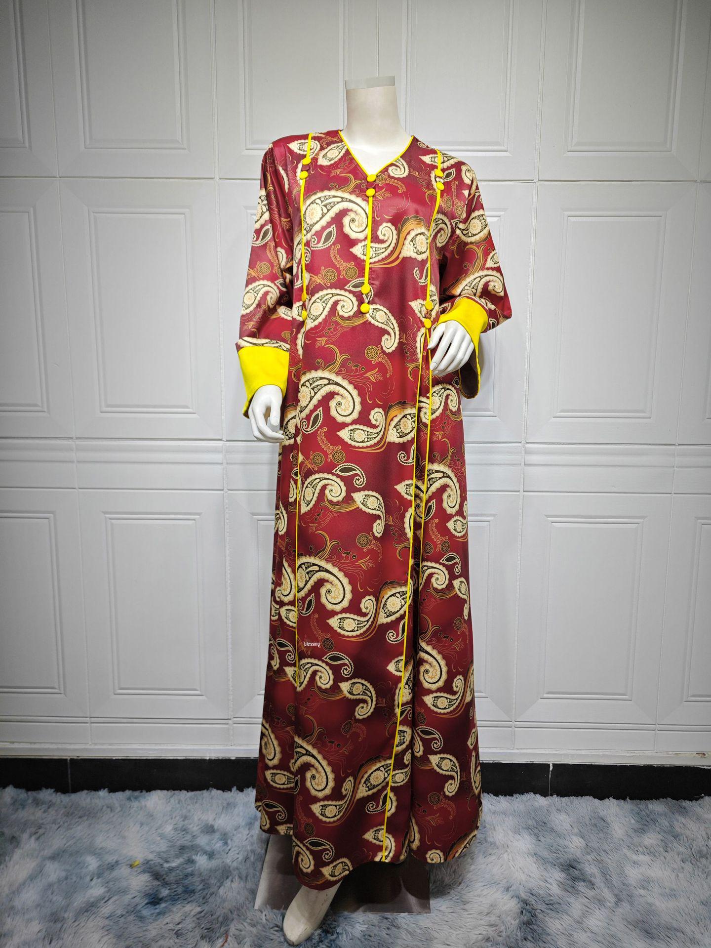 

AB373 Дубайское женское модное платье с принтом - Стильное платье в ближневосточном стиле XXL темно-красного