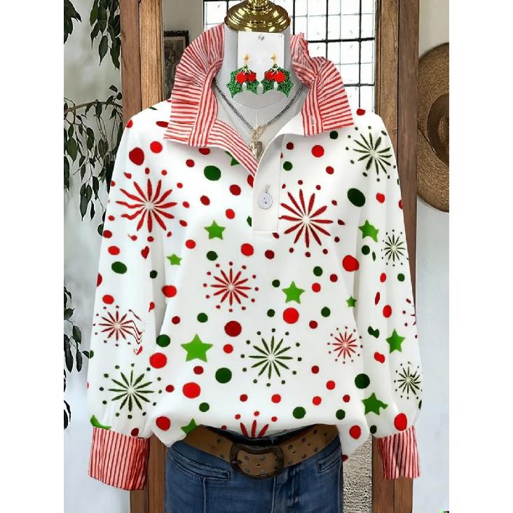 Women's Retro Christmas Pattern Blouse - Turn-Down Collar Long Sleeve, Loose Casual Silhouette, Festive Gift Tree Print Top Suitable for Fall/Winter