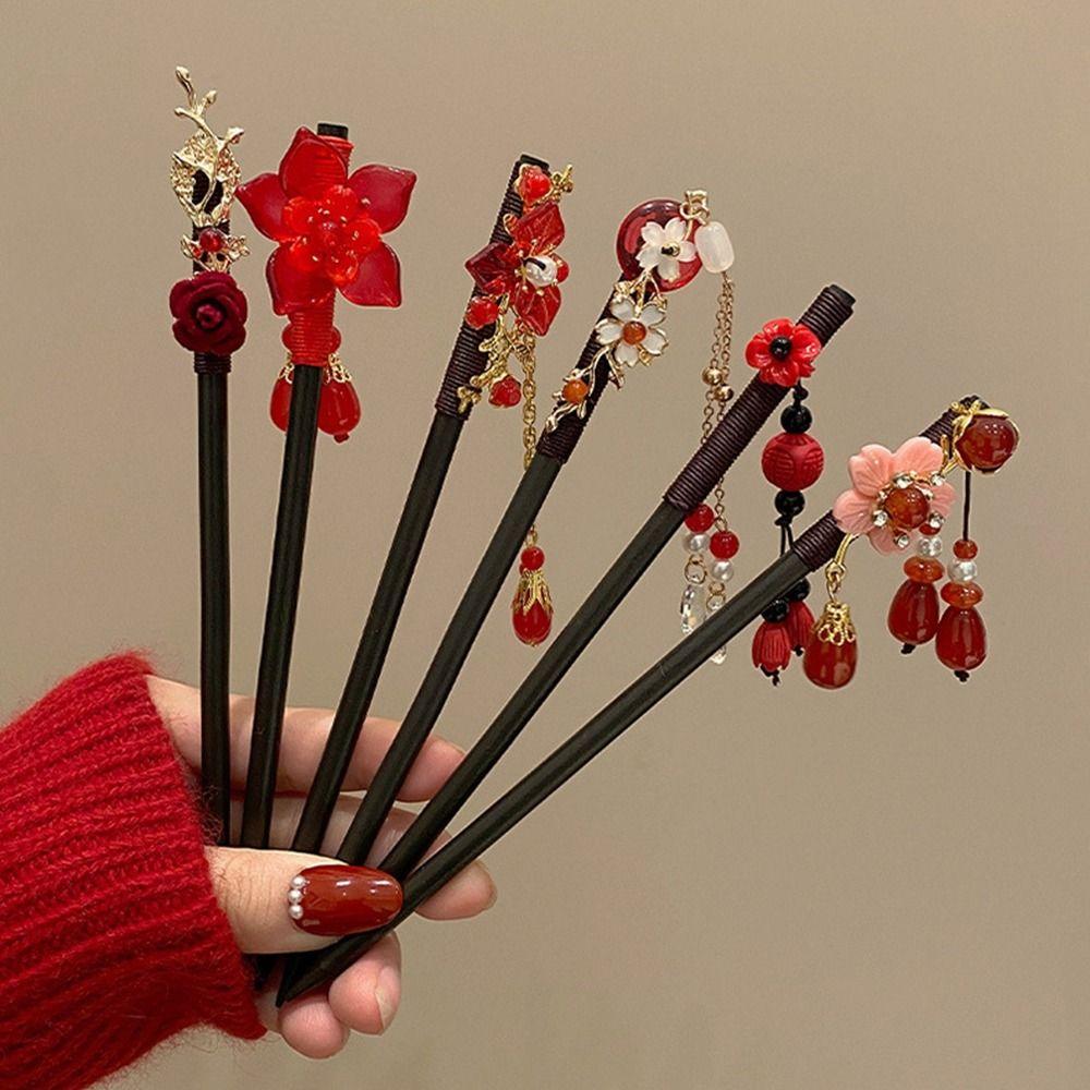 Red Hanfu Hairpin Flower Wooden Hair Stick Classical For Girl