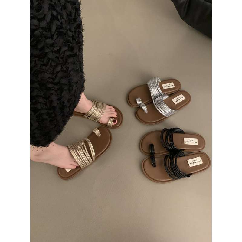 Flat-bottomed Set of Toe Small Cool Slippers for Women's Explosive Foreign French Summer Wear 2025 Niche Beach One-word Drag