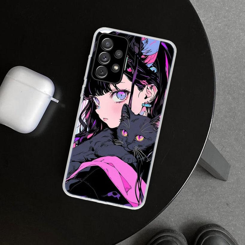 Anime Girls Cute Black Cat Phone Case Cover for Samsung Galaxy A12 A22 A32 A52 A72 A02S A51 A50S A31 A20S A10S Note 20 Ultra 10