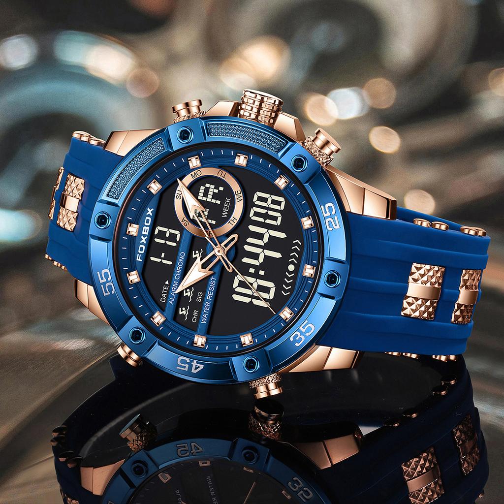 FOXBOX Top Luxury Quartz Wrist Watch For Men Business Steel Waterproof Sports Dual Display Military LED Digital Watches+Box