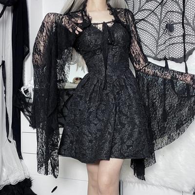 Vintage Gothic Black Lace T-shirt Elegant Flared Sleeve Smock Top See Through Sexy Cropped Tops Cardigan Streetwear