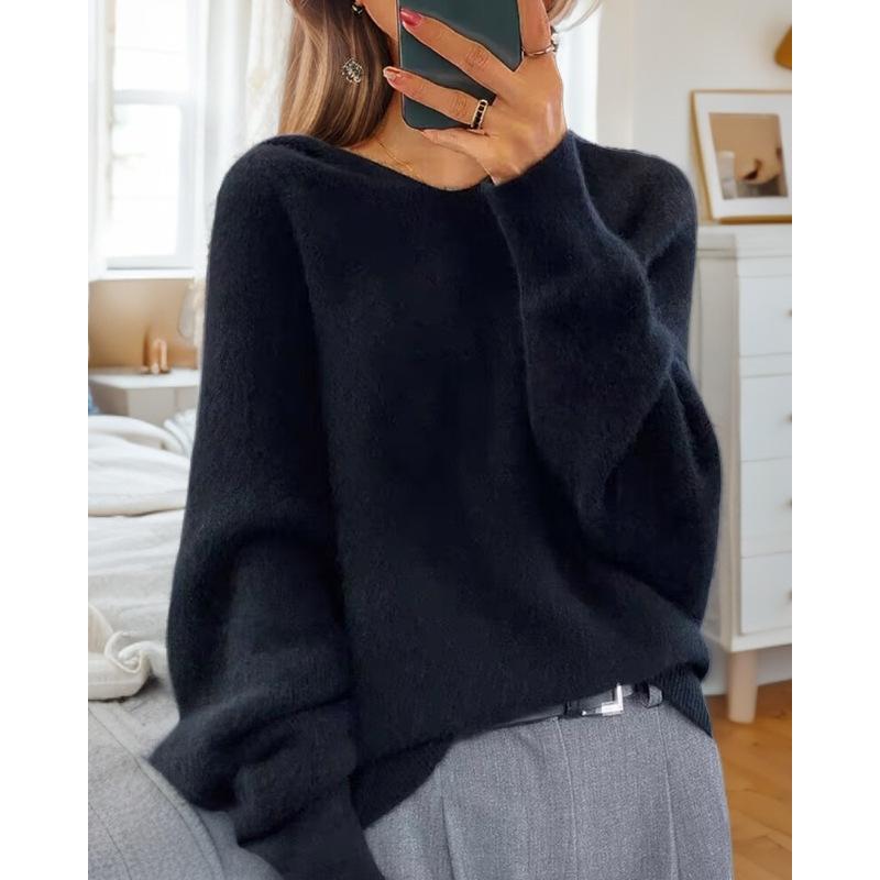 Tooxika Женская одежда 2024 Осень и зима Новый повседневный свободный свитер с рукавами летучая мышь и капюшоном однотонный женский свитер L чёрный 4165₽