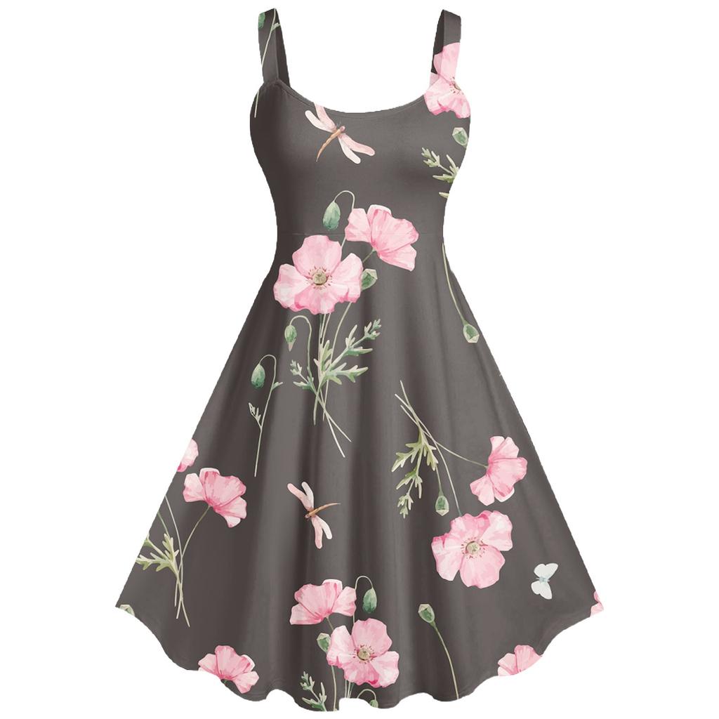 Women's Casual And Fashionable Print Sexy Suspender Retro Dress Big Swing Dress Dress