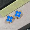 High-Version 18K Rose Gold Earrings: Four-Leaf Clover with White Mother-of-Pearl & Red Agate - Fashionable, Luxurious, INS Style.