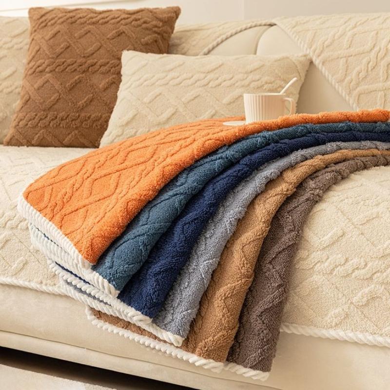 Solid Colored Plush Home Comfortable Sofa Mat Winter Thickened Anti Slip Seat Cushion Modern Minimalist Sofa Cover with Full Coverage Fabric