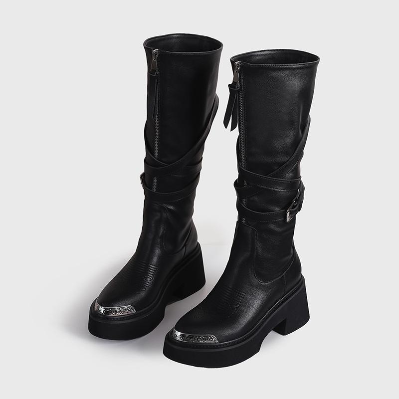 Factory Custom Two Wear Pointed Metal Head High Tube Fashion Boots Long Boots Women's Front Zipper Thick Sole Heightening Knight Boots