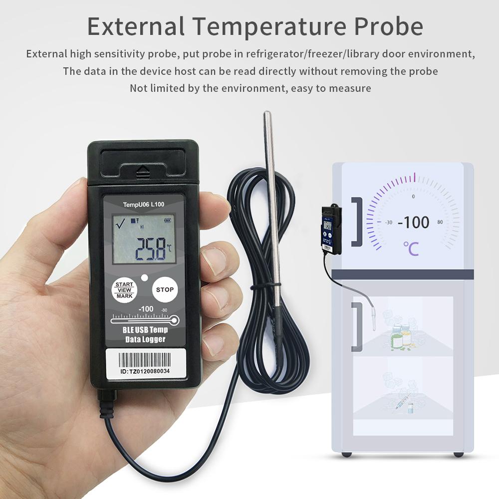 Bluetooth USB Temperature Data Logger with External Temperature Probe Cryogenic Data Recorder PDF CSV Report for Cold Chain