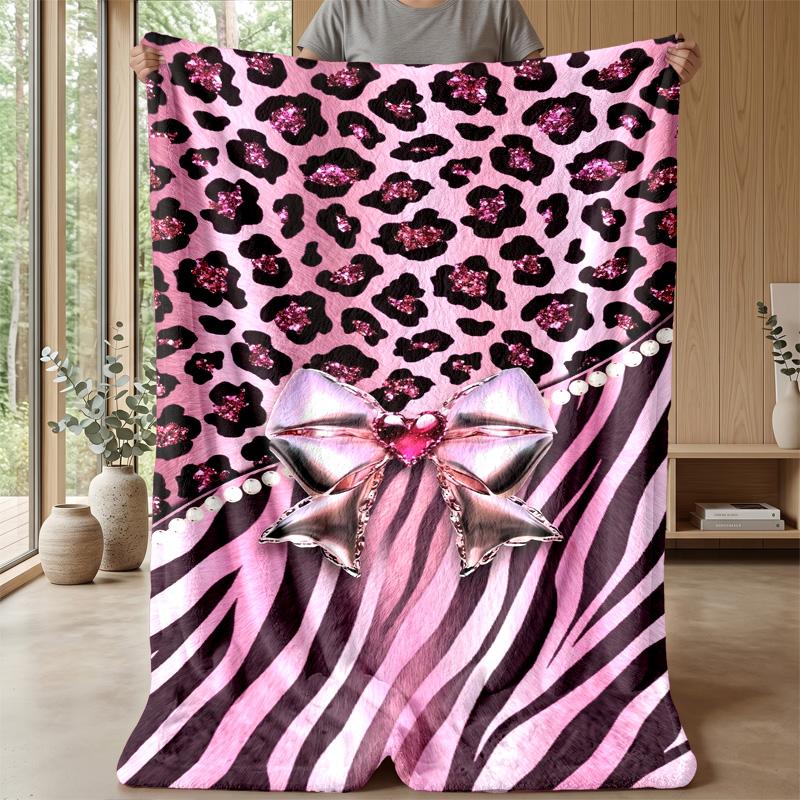 Pink Animal Print Bow Theme Blanket Lightweight Warm Flannel Blanket Decorative Throw Blanket for Home Decoration