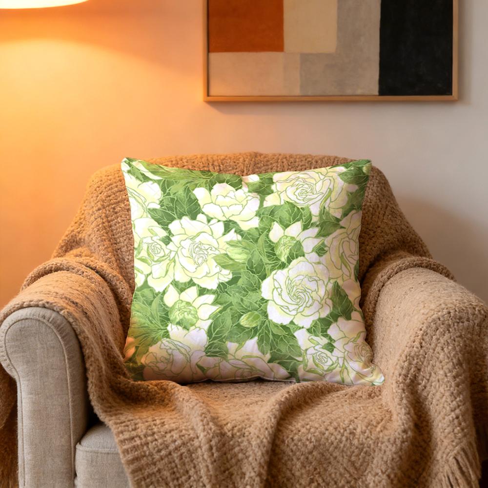 Pillowcase with Light Green Background Covered with White Rose Branches Fresh Flower Decorative Patterns Same Print on Both