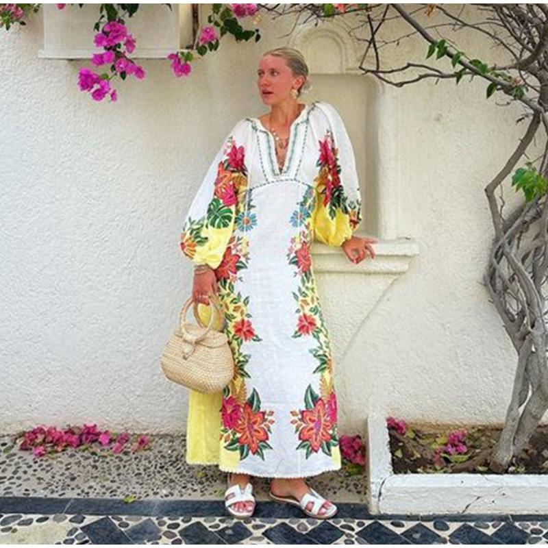 Print Linen Dress Plus Size Women Elegant Loose Lace Up V Neck Vintage Oil Painting Dress Summer Long Sleeves New Fashion High Waist Pastoral Style