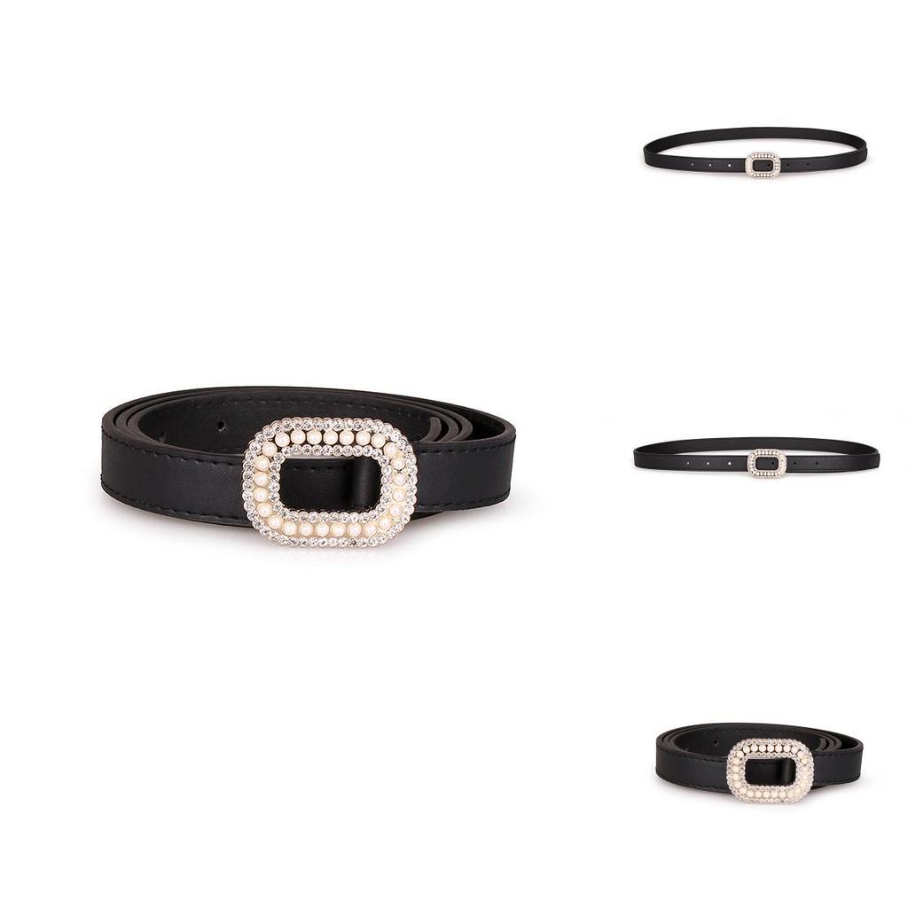 Style Womens Minimalist Belt Metal Buckle Simulated Diamond Pearl Decoration