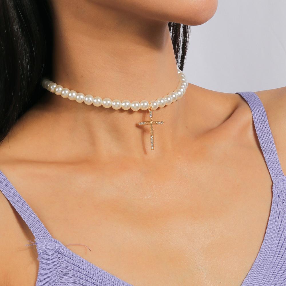 Elegant Cross Pendant Necklaces for Women Girls Pearl Beaded Choker Necklace Wedding Party Jewelry Gifts