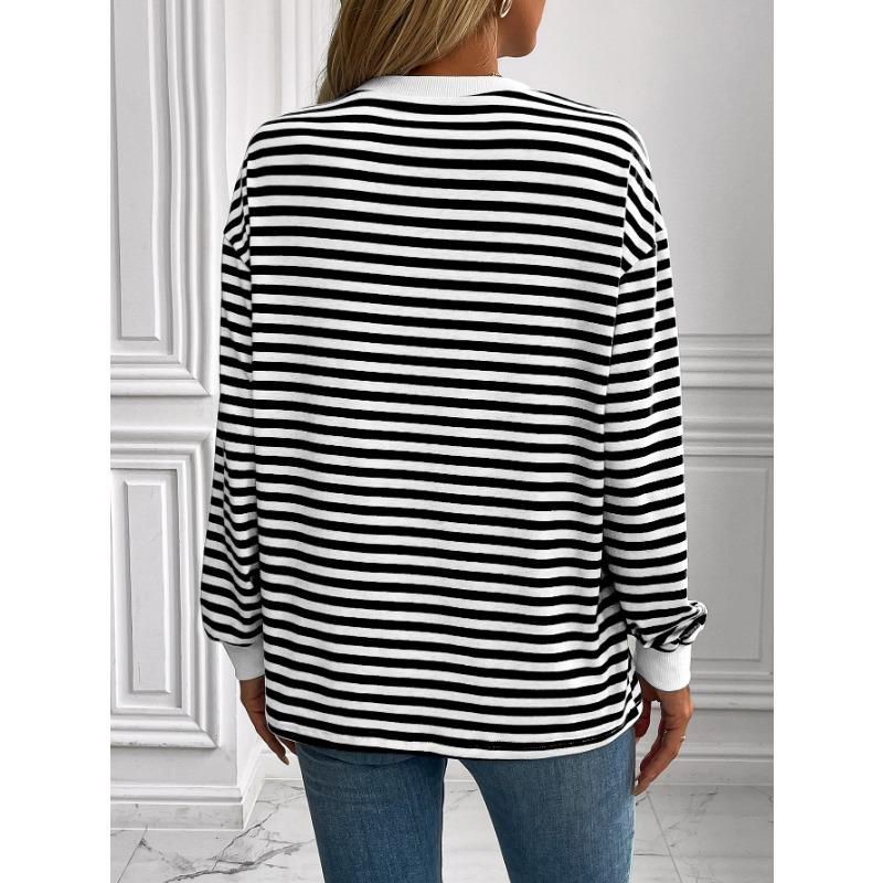 Navy Striped T-shirt Loose Long Sleeved Sweatshirt Striped Round Neck T-shirt Top