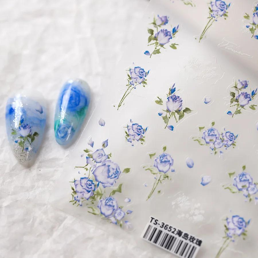 White Flower Gold Leaf Floral Petal Tulip Bloom Charming Retro Metal Soft Self Adhesive 5D Nail Art Sticker Manicure Decal DIY
