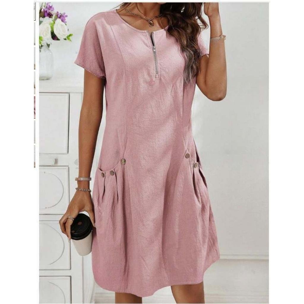 Ladies' Summer Casual Dress with Zipper Half Placket, Button Decoration, and Double Pocket Loose Fit, Cute Summer Jumpsuit