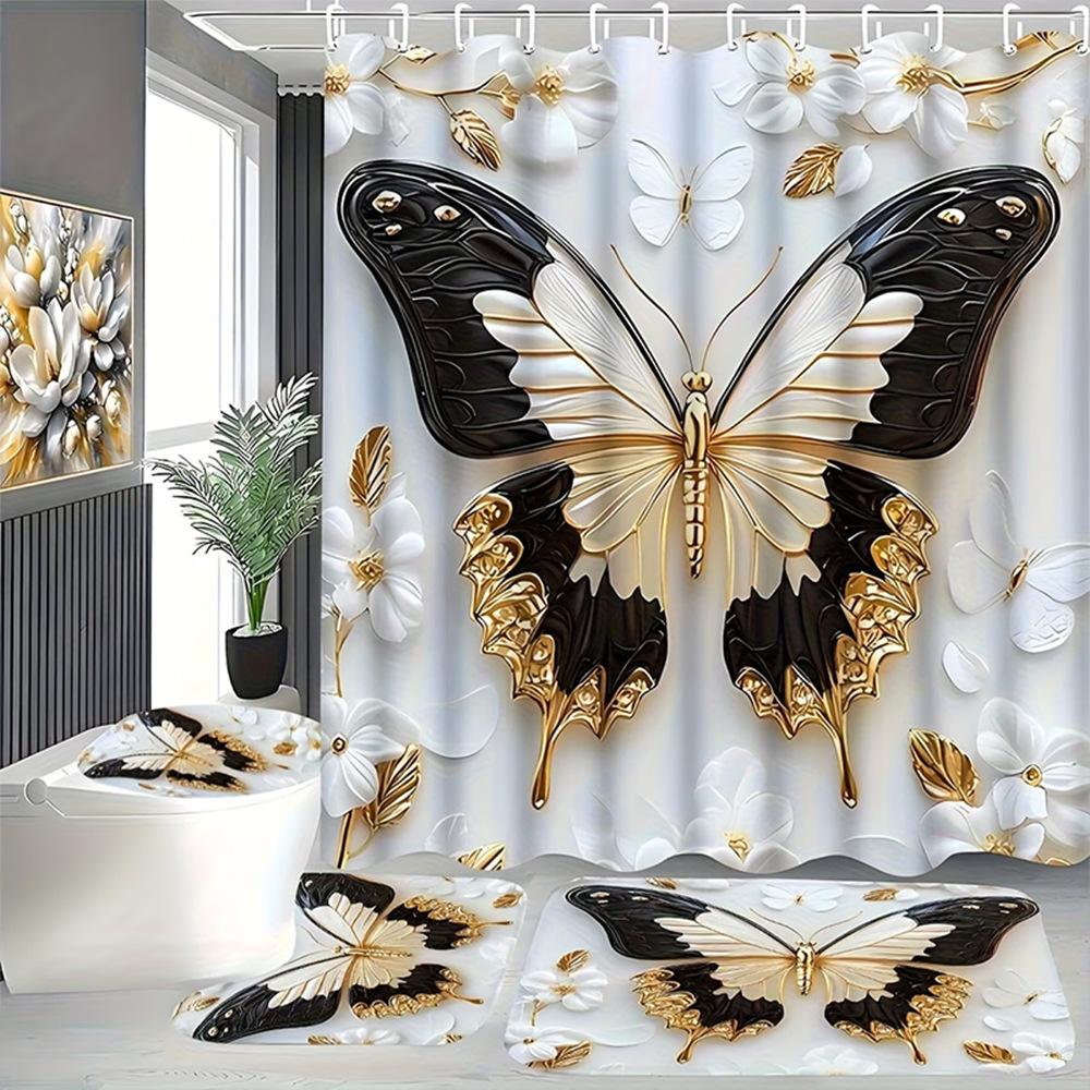 Dunkelblau Rose Schmetterling Muster Duschvorhang Set, Rutschfester Badezimmerteppich, Toiletten-U-förmiges Kissen, Toilettensitzbezug Kissen