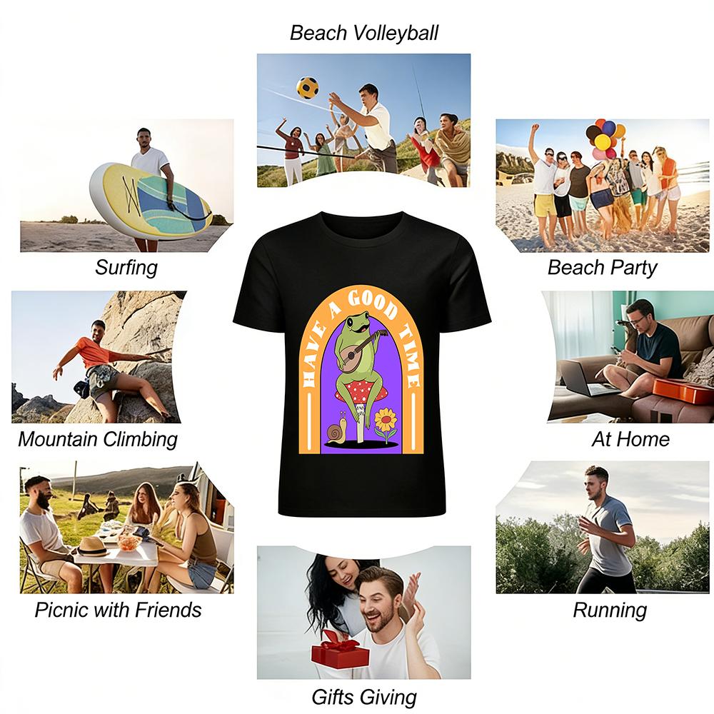 Cute Guitar Playing Frog Print T-Shirt, Casual Loose Top with Mushroom Snail Pattern for Men and Women Pure cotton T-shirt
