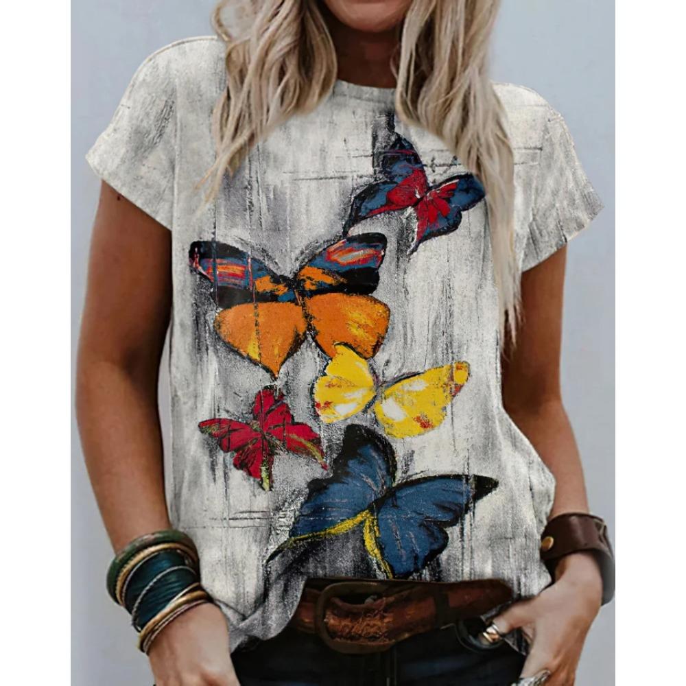 Women's colorful rose printed T-shirt, summer popular short sleeved shirt, round neck casual loose T-shirt, streetwear