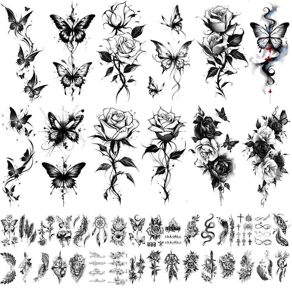 Black Butterfly Rose Flower Size Pattern Combination Disposable Tattoo Sticker 11.4*21*1.3CM