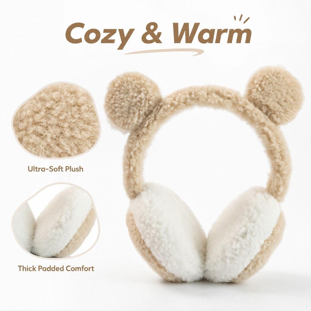 Winter Plush Earmuffs with Bear Ear Design, Warm Ear Covers for Cold and Outdoor
